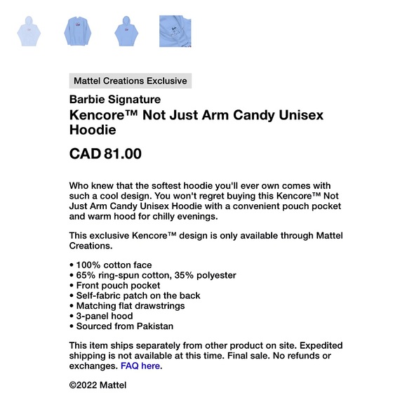Mattel Creations Barbie Signature Kencore™ Not Just Arm Candy Unisex Hoodie - Picture 9 of 9